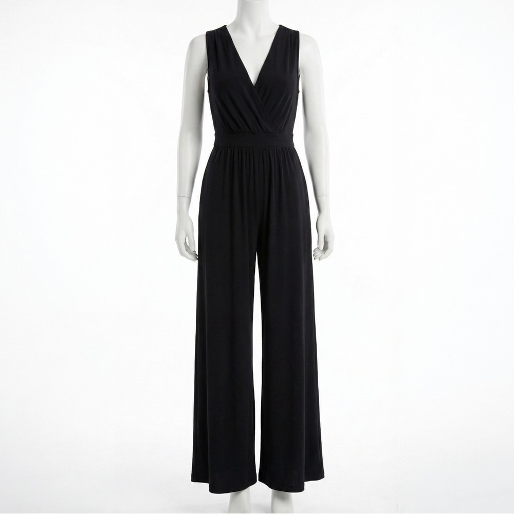 Heyson Black Jumpsuit Large Halter Deep V Neck Wide Leg Open Back Tie Sexy Boho